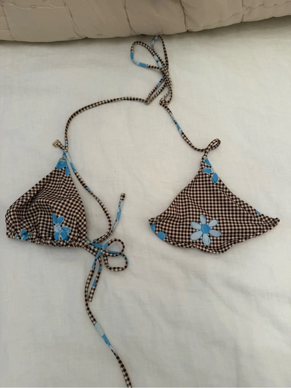 Heavy Manners Brown Gingham Triangle Bikini with Blue Floral